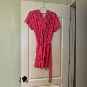 Robe for beach or bath. Bright pink terry cloth with tie and hood.  Size medium.